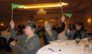 Bergen County Section delegates. L-R Gladys Laden, Elaine Bieger and Shelly Winner voting during a plenary.