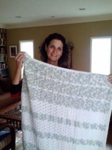 Sue Harris and crocheted blanket
