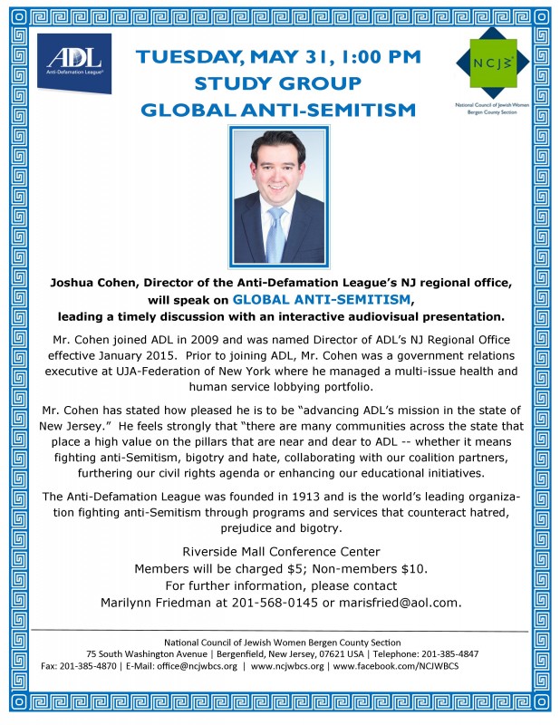 TUESDAY, MAY 31 STUDY GROUP, GLOBAL ANTI-SEMITISM